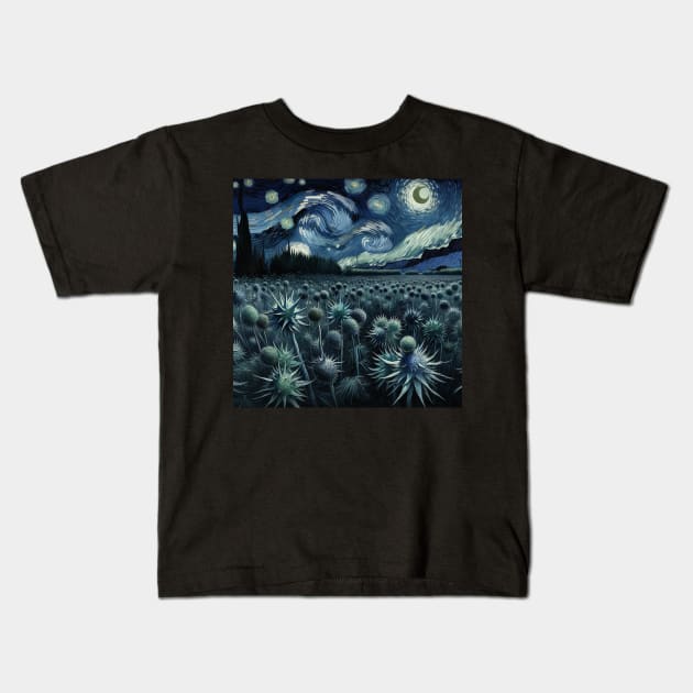 Enchanted Flower Garden Night: Sea Holly Starry Floral Kids T-Shirt by Edd Paint Something